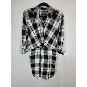 Abercrombie and Fitch Plaid Twist Front Button Down Dress Large Black and White
